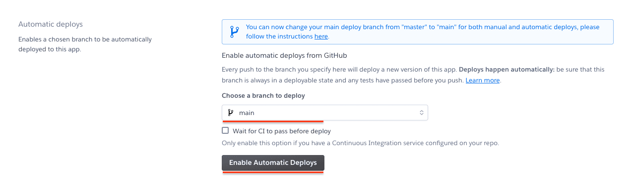 Enable automatic deployments in Heroku