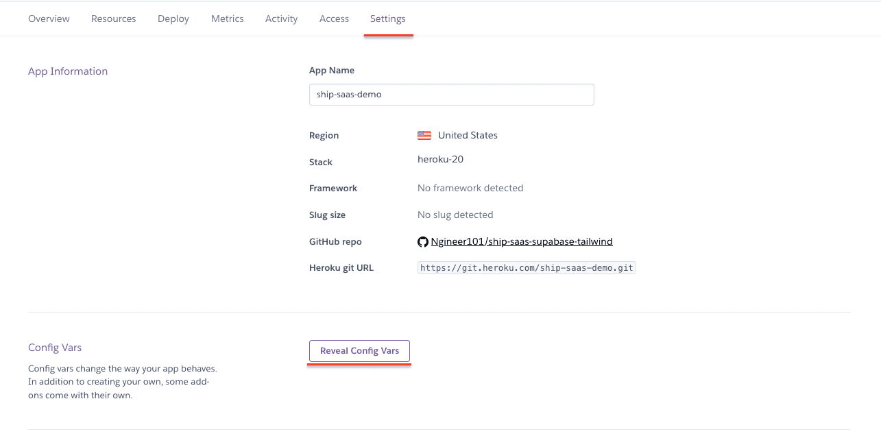 Settings tab Heroku