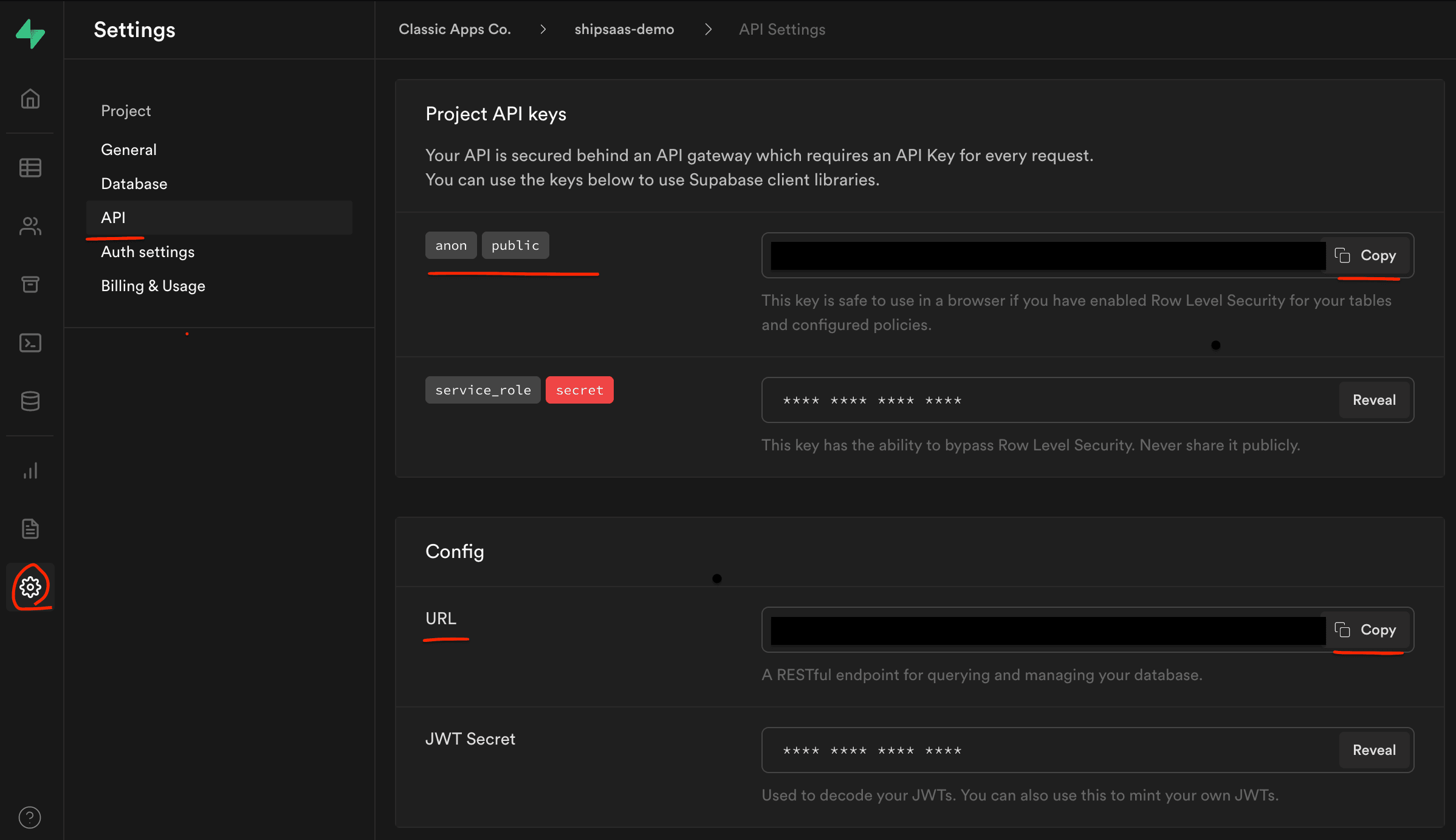 Supabase API settings