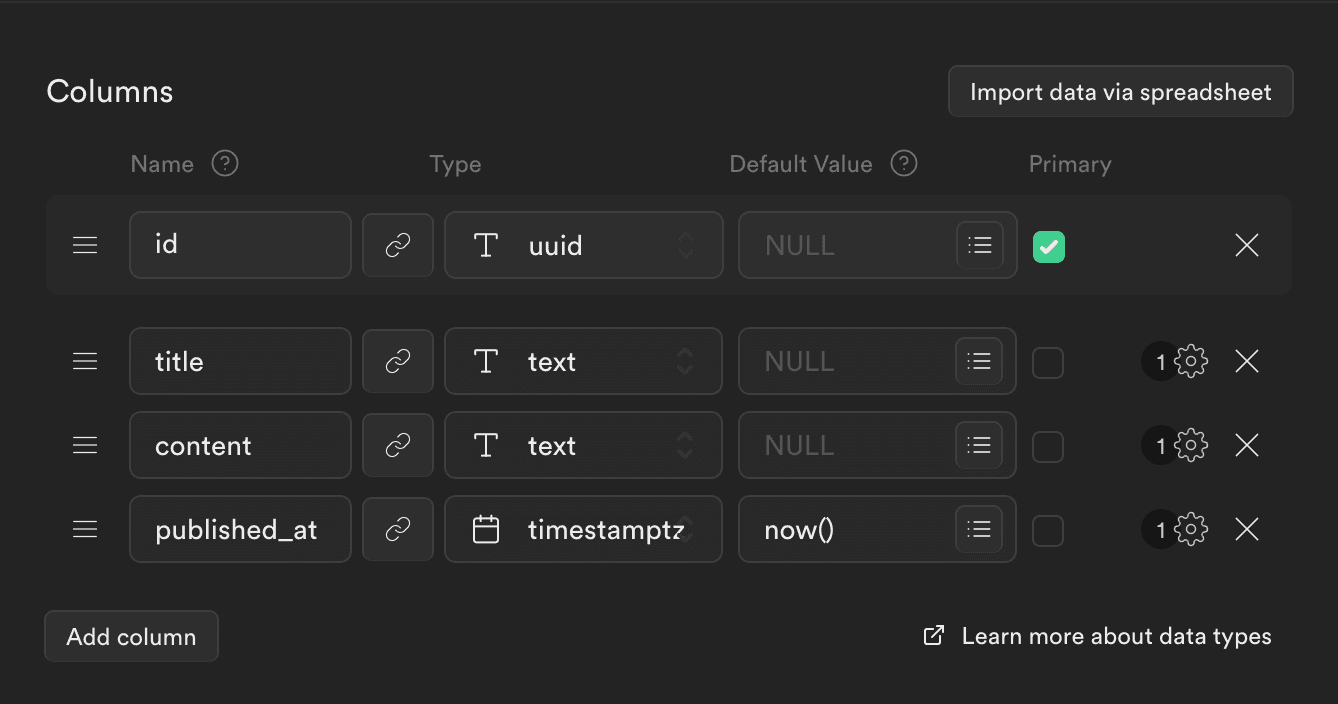 Supabase table with column types