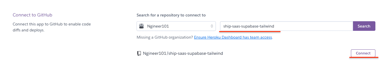 Search for GitHub repo on Heroku