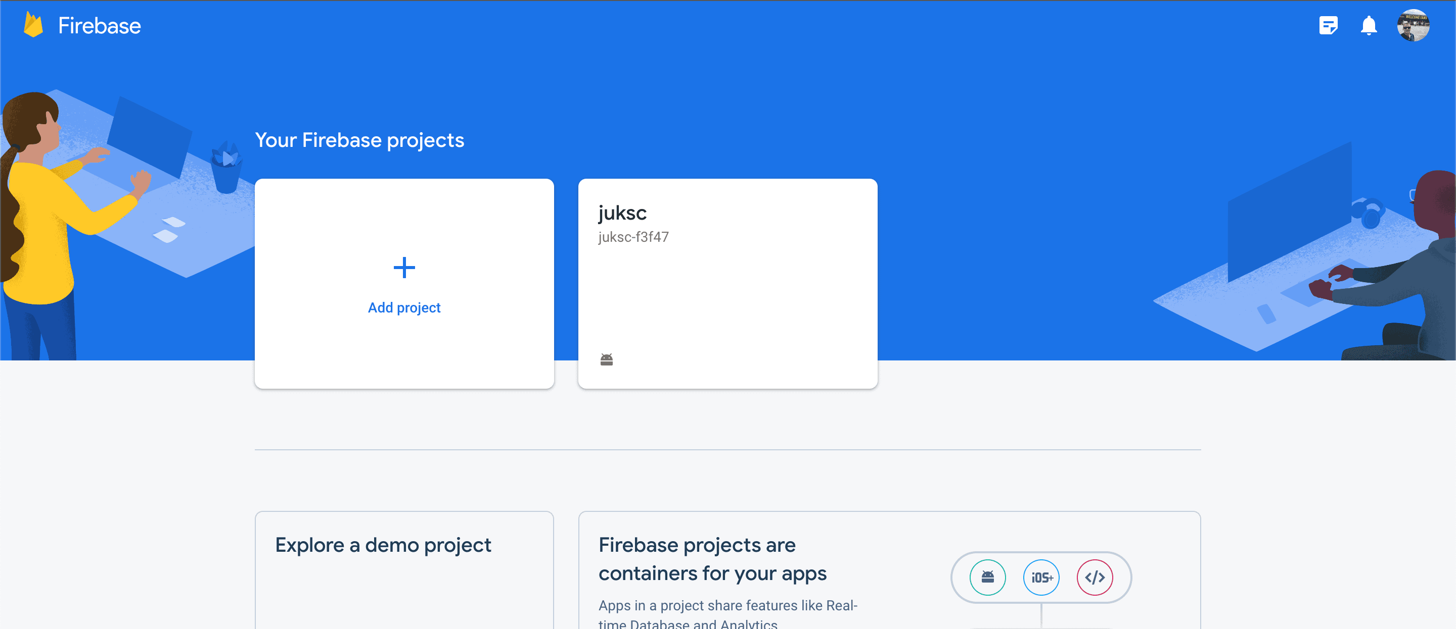 Firebase console start page