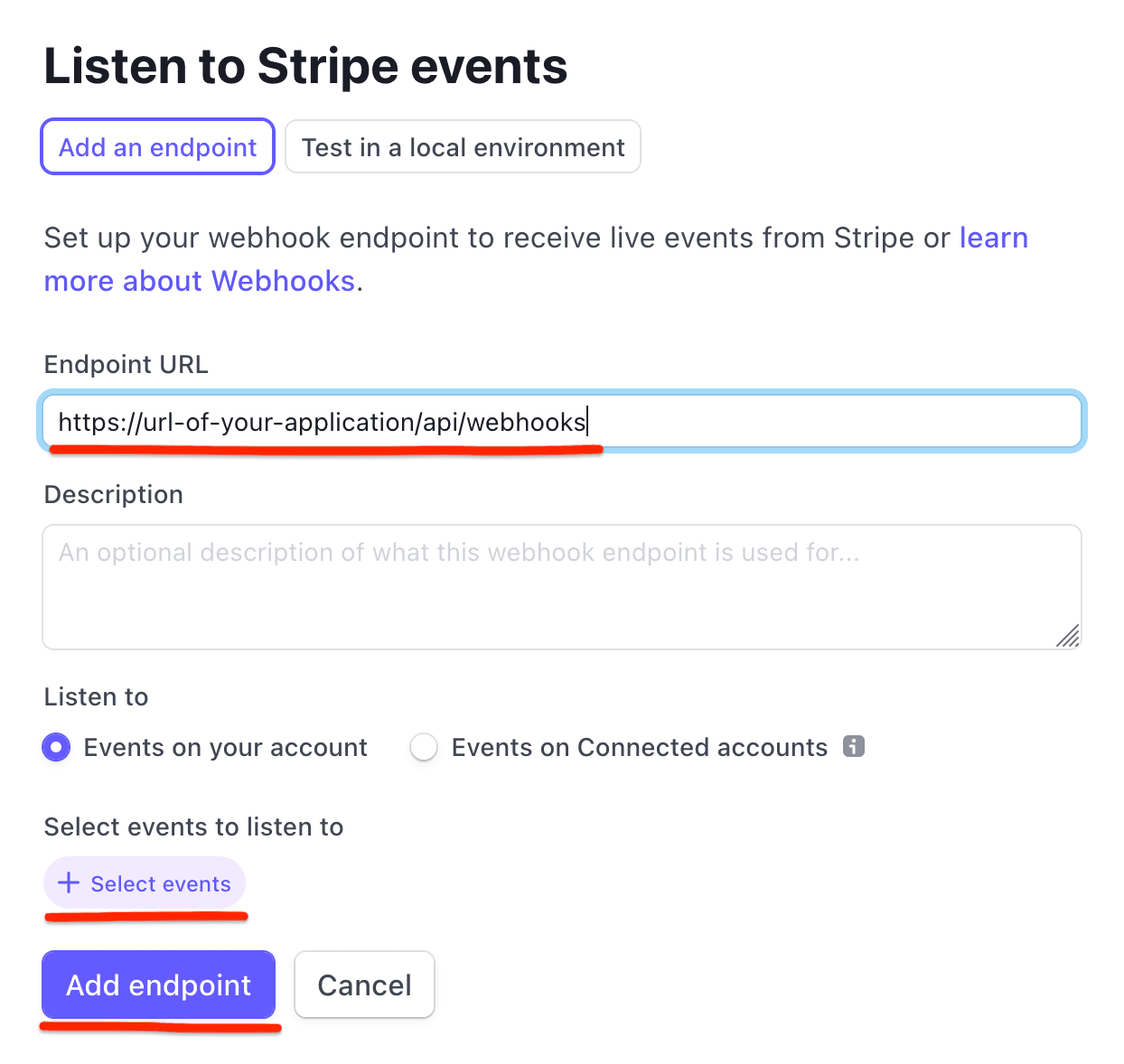 Create new webhook on Stripe